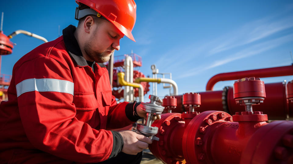 An engineer inspecting a complete set of oil and gas components.