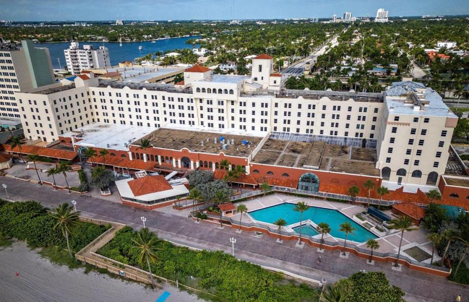 Back view of the historic Hollywood Beach Resort, that is also known as the ‘Grand Lady,’ that was declared unsafe by the city of Hollywood on May 6, forcing all guests to be vacated. Located at 101 N. Ocean Drive, the hotel was built in 1925 by Joseph Young, Hollywood’s founder. This photo is from May 30, 2023.