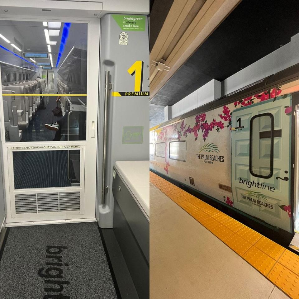 side by side image of brightline clear door dividing trains and brightline train cars
