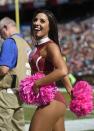 <p>A Washington Redskins cheerleader performs during an NFL football game between the Redskins and the Philadelphia Eagles, Sunday, Oct. 16, 2016, in Landover, Md. (AP Photo/Nick Wass) </p>