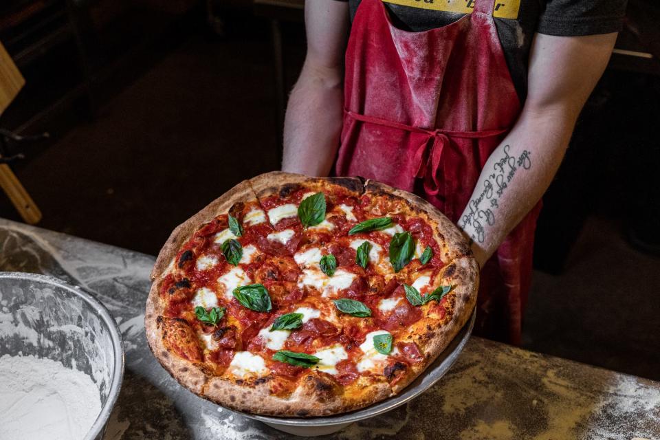 A pizza from Mootz Pizzeria near Ford Field.