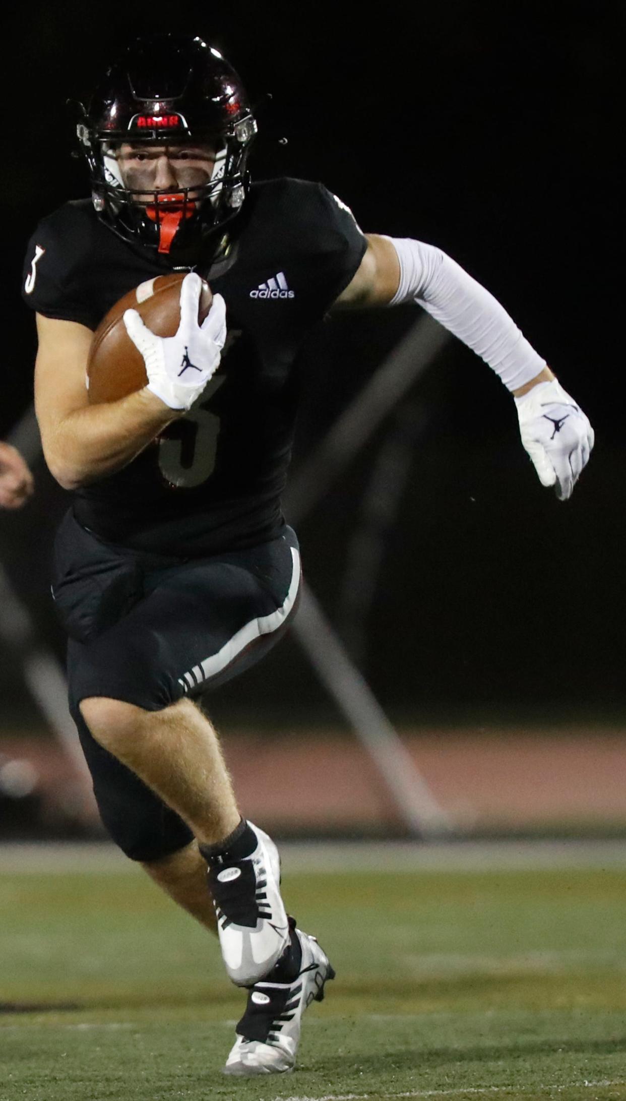 Lafayette Jeff Bronchos wide receiver Abram Ritchie (3) catches a pass during the IHSAA football game against the Kokomo Wildkats, Friday, Oct. 14, 2022, at Lafayette Jeff High School in Lafayette, Ind. Lafayette Jeff won 32-30.