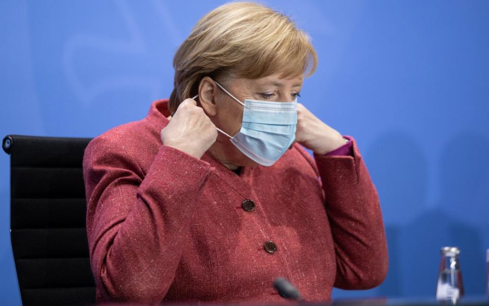 BERLIN, GERMANY - NOVEMBER 16: German Chancellor Angela Merkel following a virtual meeting between Merkel and the leaders of Germany's 16 states during the second wave of the coronavirus pandemic on November 16, 2020 in Berlin, Germany. The meeting focused on assessing the nationwide four-week November semi-lockdown meant to rein in coronavirus infection rates that have reached record highs. (Photo by Andreas Gora - Pool / Getty Images) - Pool/Getty Images Europe