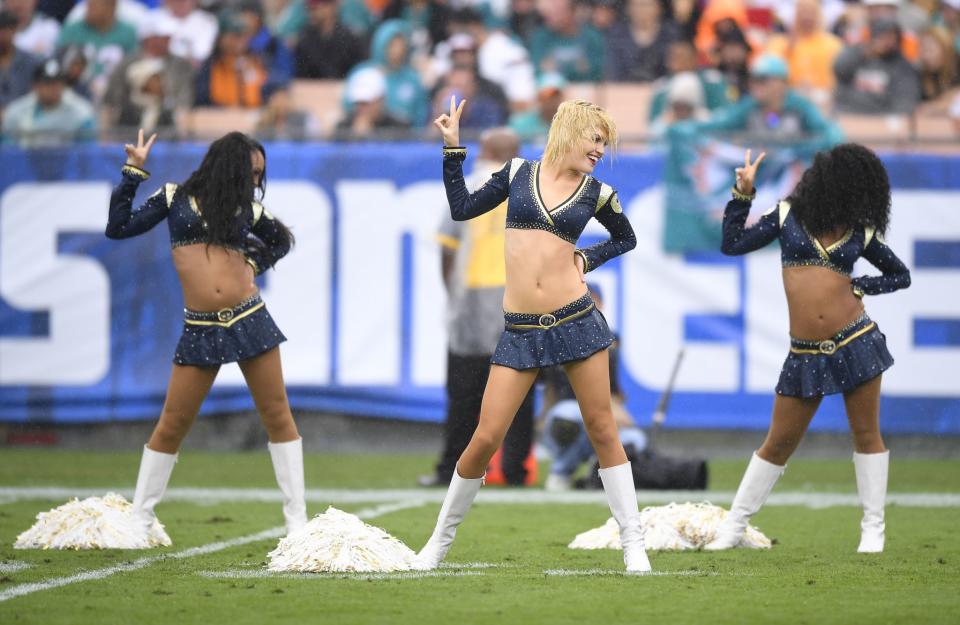 <p>Los Angeles Rams cheerleaders perform during the the first half of an NFL football game against the Miami Dolphins Sunday, Nov. 20, 2016, in Los Angeles. (AP Photo/Mark J. Terrill) </p>