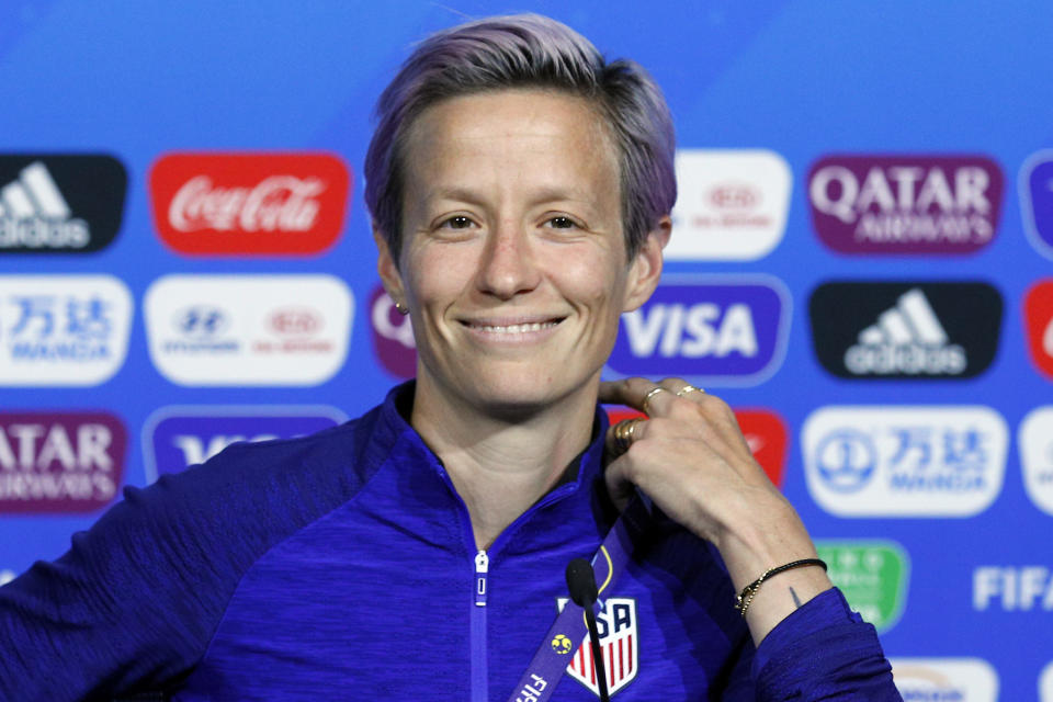 United States' Megan Rapinoe attends a press conference at the Stade de Lyon, outside Lyon, France, Saturday, July 6, 2019. US will face Netherlands in a Women's World Cup final match Sunday in Lyon. (AP Photo/Francois Mori)