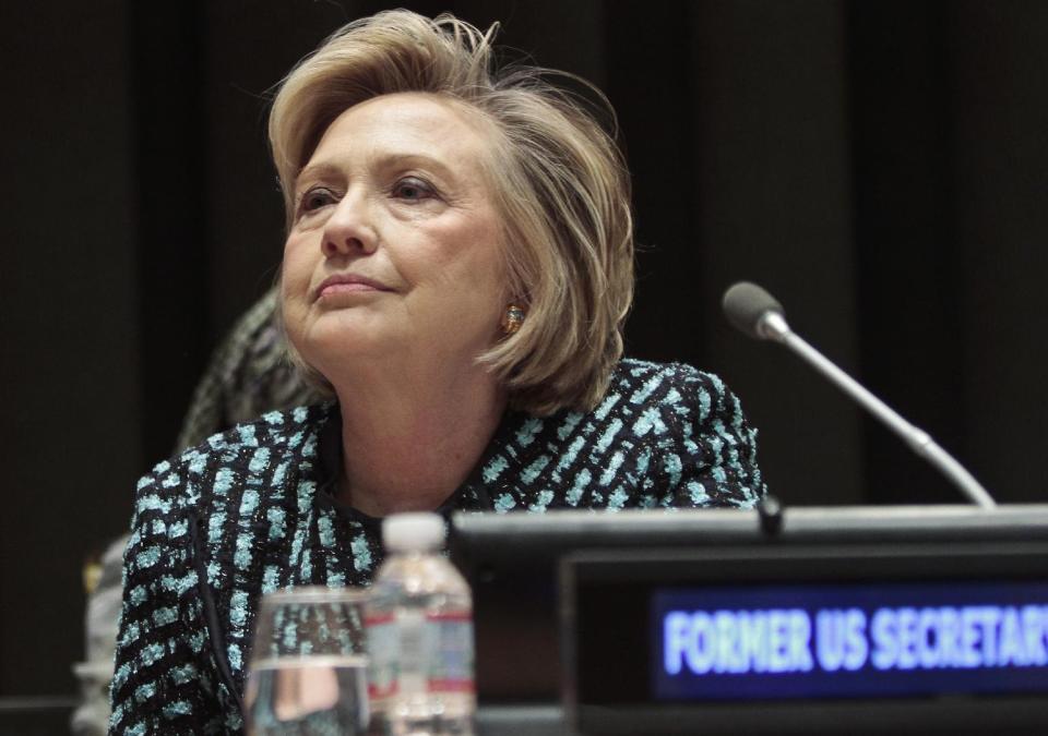 FILE - This March 7, 2014 file photo shows former Secretary of State Hillary Rodham Clinton at the United Nations headquarters. The National Archives makes public another 4,000 pages of documents from the Clinton White House on Friday, including previously unreleased records related to Vice President Al Gore's 2000 presidential campaign and the 2000 recount in Florida. The records have been highly anticipated as former first lady Hillary Rodham Clinton considers a 2016 presidential campaign. (AP Photo/Bebeto Matthews, File)