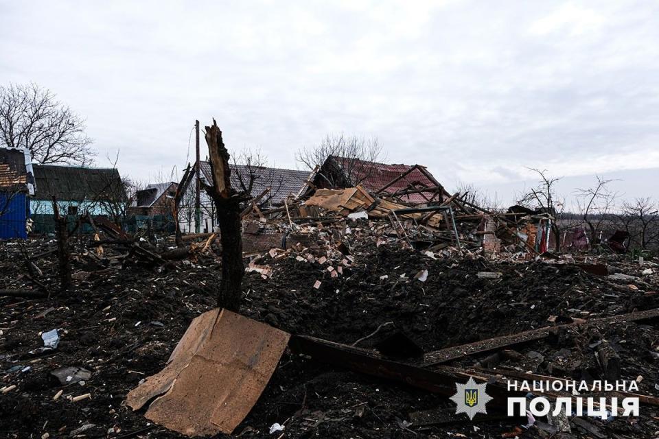 The destroyed buildings in the area where Olha lived with her kids in Novoselivka Persha. (National Police)