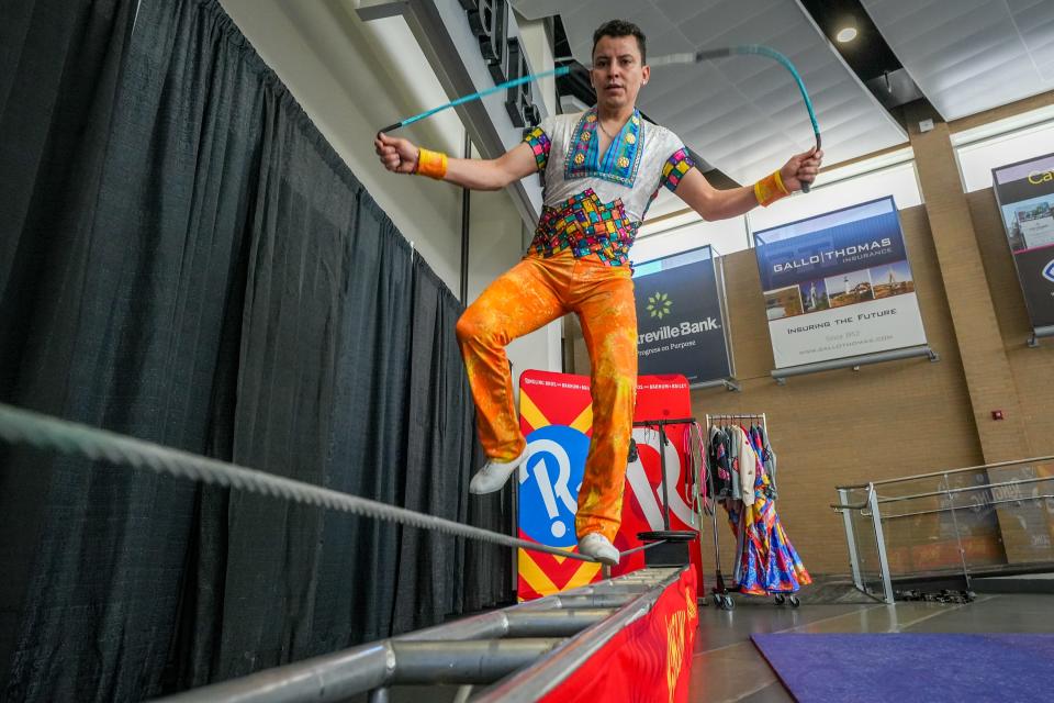 Jonatan Lopez of The Lopez Troupe gives a presentation of his tightrope skills backstage on Friday. The troupe are sixth-generation circus artists, best known for their daring and death-defying performances in the Ringling Bros. Circus.