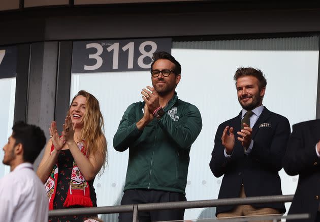 Blake Lively , Ryan Reynolds and David Beckham were in the stands to watch the Buildbase FA Trophy Final between Bromley and Wrexham at Wembley Stadium. (Photo: Matt Lewis - The FA via Getty Images)