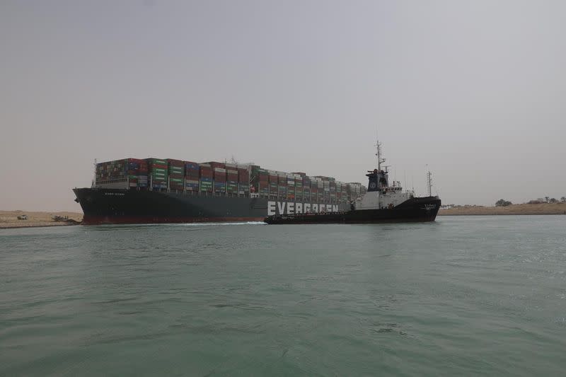 Stranded container ship Ever Given, one of the world's largest container ships, is seen after it ran aground, in Suez Canal