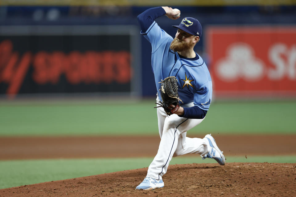 ST PETERSBURG, FLORIDA - AUGUST 14: Drew Rasmussen #57 of the Tampa Bay Rays throws a pitch during the eighth inning against the Baltimore Orioles at Tropicana Field on August 14, 2022 in St Petersburg, Florida. (Photo by Douglas P. DeFelice/Getty Images)