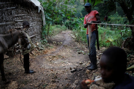 Omel Simexant makes a rope to tie animals using and old sac in Boucan Ferdinand, Haiti, October 5, 2018. REUTERS/Andres Martinez Casares