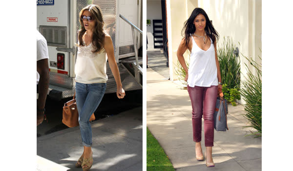 Elizabeth hurley and Janina Gavankar illustrate the casual combination.