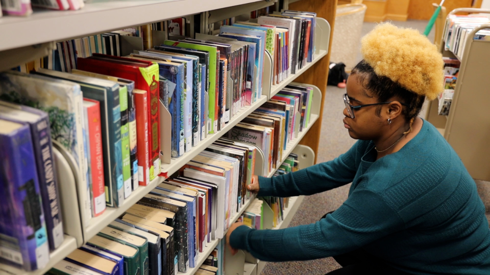 A Summer Youth participant reshelves books at the LeRoy Collins Leon County Main Library.