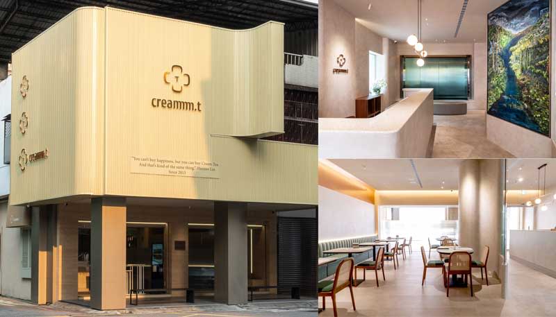 網路超人氣花型檸檬塔創始店「creammm.t」 首間實體內用門市在台中草悟道（左圖），巨幅畫作迎接顧客，展現creammm.t不受限制、將甜點視為藝術品的的原創基因（右上圖），餐廳內藉由長虹玻璃的獨有質感，搭配靜謐的不飽和色調，營造暖心、通透又保有隱密性的用餐環境（右下圖）。（creammm.t提供）