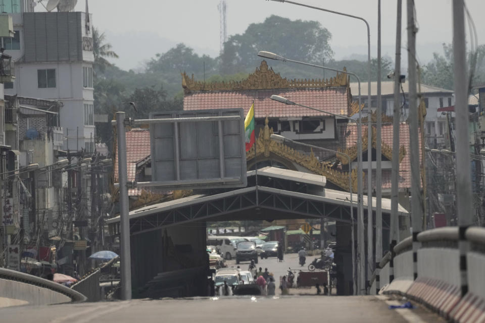 This photo shows a general view of a checkpoint near the 1st Thai-Myanmar Friendship Bridge in Myawaddy district in eastern Myanmar, on Friday, April 12, 2024. Thailand’s foreign minister says he has urged Myanmar’s military authorities not to violently respond to its army’s loss of an important border trading town to its opponents, and that so far it seemed to be exercising restraint. (AP Photo/Sakchai Lalit)