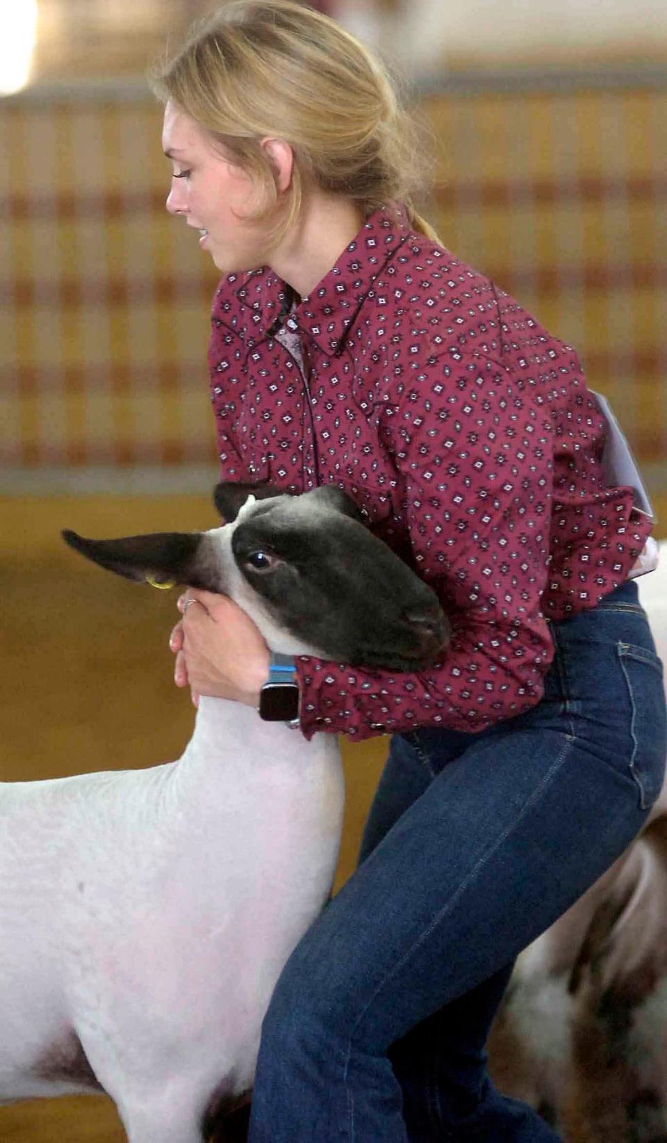 Timber Banks wrestles with her market lamb during judging at the Ashland County Fair on Monday.