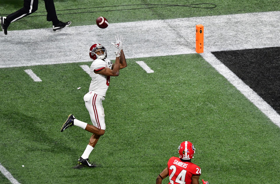 DeVonta Smith caught the winning touchdown in the national championship game. A few months later, the coaching staff was considering moving him to defense. Only at Alabama. (Photo by Scott Cunningham/Getty Images)