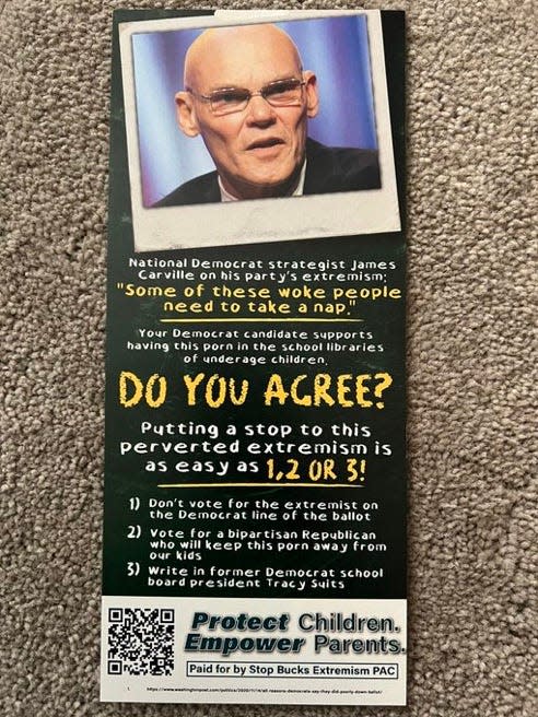 An image of a mailer sent by Stop Bucks Extremism PAC to voters in the Central Bucks School District that includes suggesting a write-in vote for former school board president Tracy Suits, who is not running, in the Nov. 7 election.