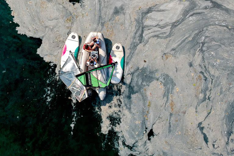 Un barco navega entre mucílagos, una capa gelatinosa de limo que se desarrolla en la superficie del agua debido a la excesiva proliferación de fitoplancton