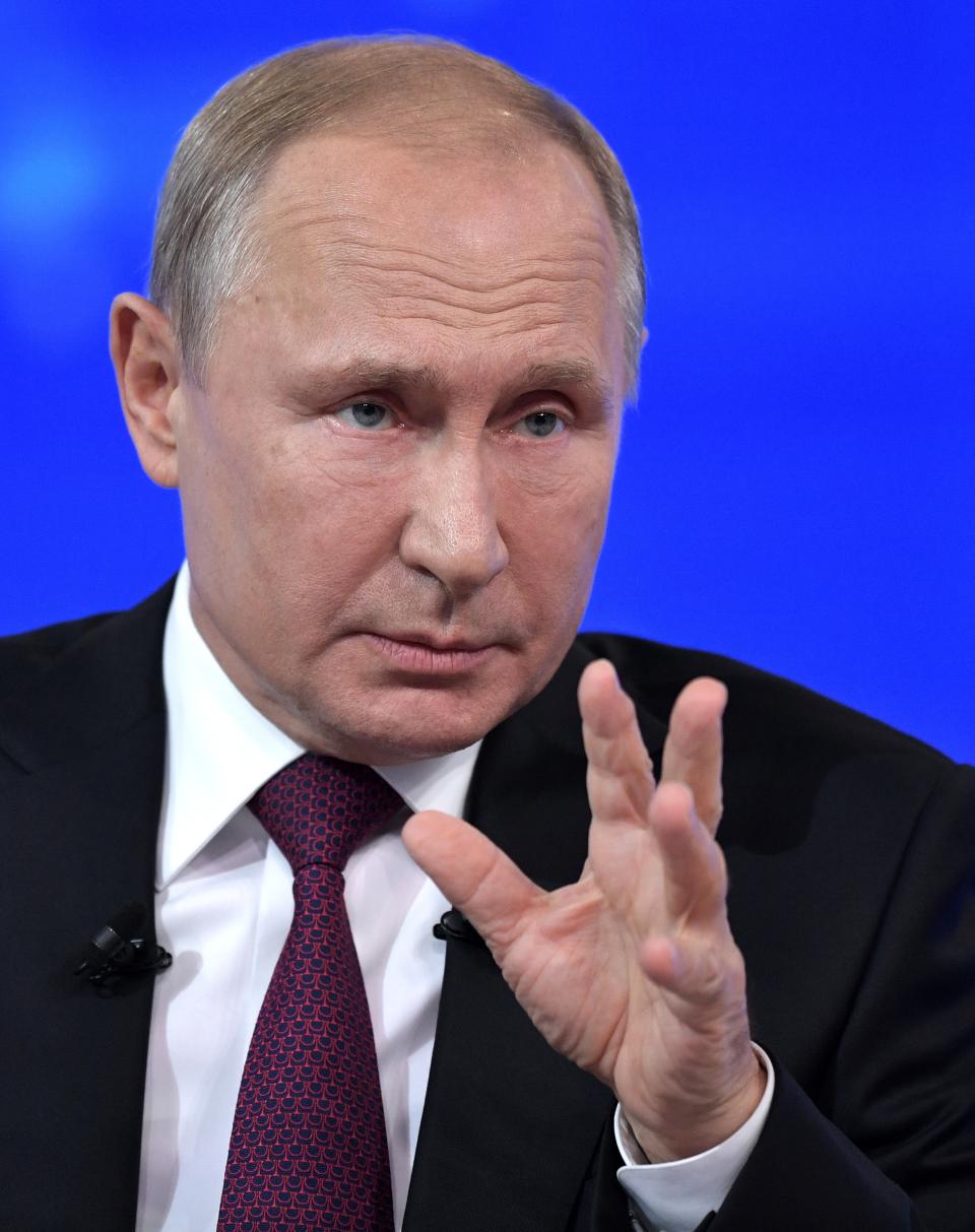 Russian President Vladimir Putin gestures while speaking during his annual call-in show in Moscow, Russia, Thursday, June 20, 2019. Putin hosts call-in shows every year, which typically provide a platform for ordinary Russians to appeal to the president on issues ranging from foreign policy to housing and utilities. (Alexei Nikolsky, Sputnik, Kremlin Pool Photo via AP)