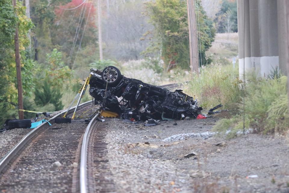 A vehicle ended up on the train tracks near West Crooked Hill Road on Sunday.