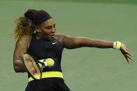 Serena Williams hits a shot to Maria Sakkari, of Greece, during the third round at the Western & Southern Open tennis tournament Tuesday, Aug. 25, 2020, in New York. (AP Photo/Frank Franklin II)