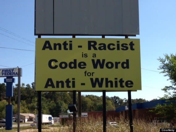 An Arkansas town with a reportedly dark past rooted in racial discrimination is pushing back after an "anti-racist" billboard<a href="http://www.huffingtonpost.com/2013/11/07/harrison-arkansas-antiracist-code-word-antiwhite_n_4227769.html" target="_blank"> went up on a major roadway there last month.</a>  Someone in Harrison, Ark., is paying $200 a month for an entire year to display this 12-by-24–foot sign with the message "Anti-Racist is a Code Word for Anti-White."