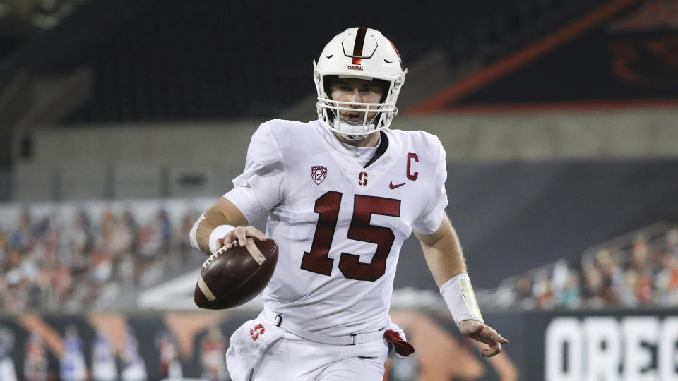 Stanford quarterback Davis Mills (15) plays during the second half of an NCAA college football game against Oregon State in Corvallis, Ore., Saturday, Dec. 12, 2020. Stanford won 27-24. (AP Photo/Amanda Loman)