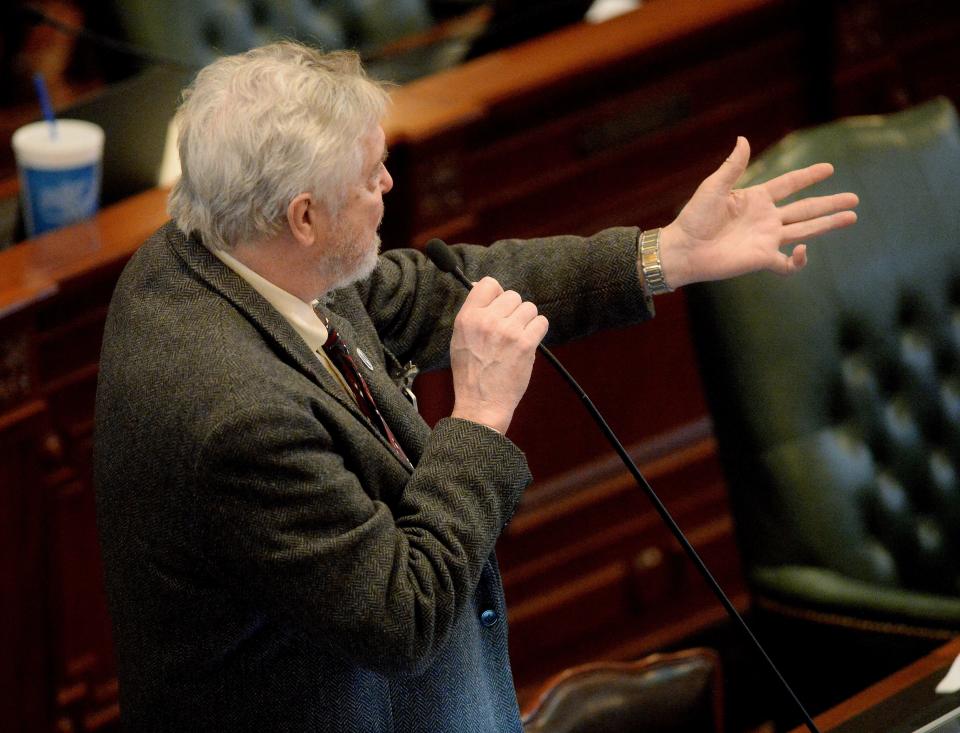 State Rep. Steven Reick, R-Woodstock, presents questions regarding House Bill 2231 during third reading discussion on Thursday, March 16, 2023.