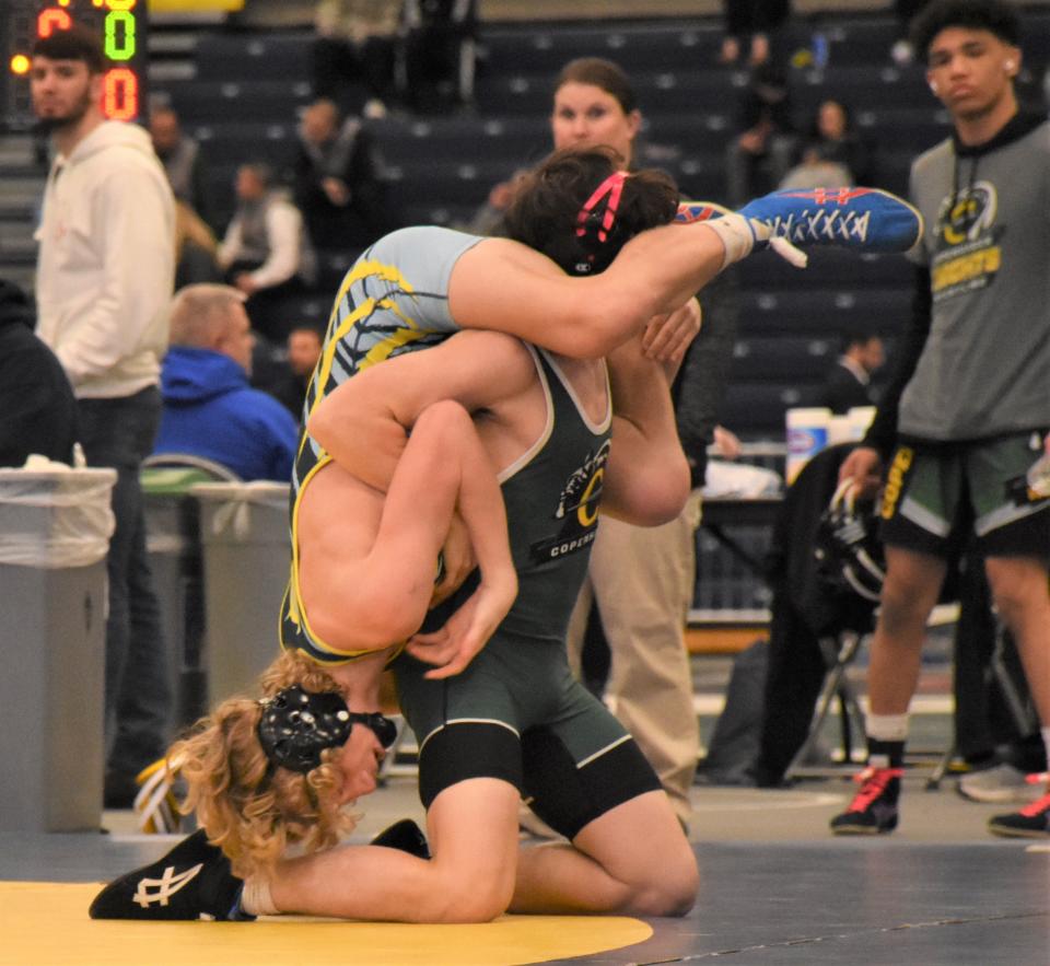 Central Valley Academy's Gene Edwards (left) and Copenhagen's Chase Nevills compete in the 118-pound Division II final at the Section III championship meet Feb. 11. The pair will meet again Saturday in the semifinals at New York's state tournament.