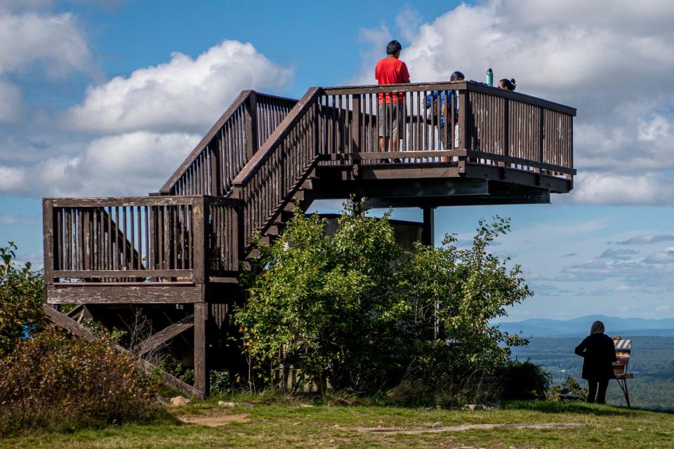 Mount Agamenticus in York, Maine has wooden lookouts where visitors can see the Atlantic Ocean, Boston's skyscrapers and the Presidential Mountain Range.