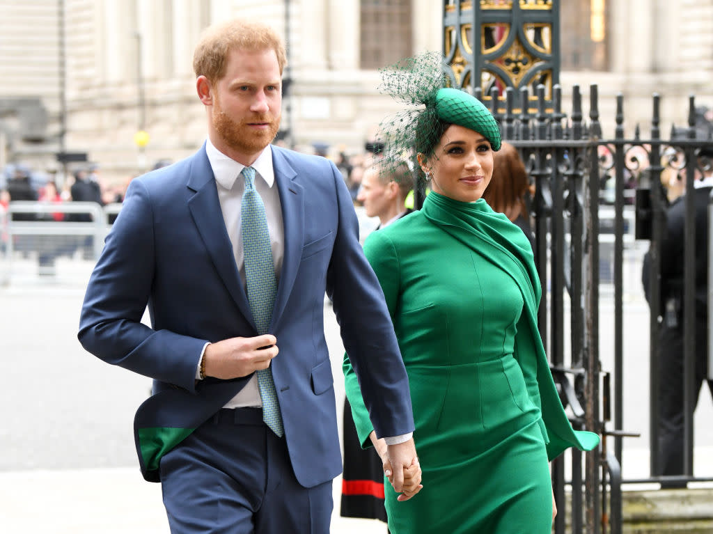 Prince Harry and Meghan Markle have shared an unseen image of a discussion with youth leaders at Buckingham Palace last week. Pictured here at the Commonwealth service earlier this week. (Getty Images)