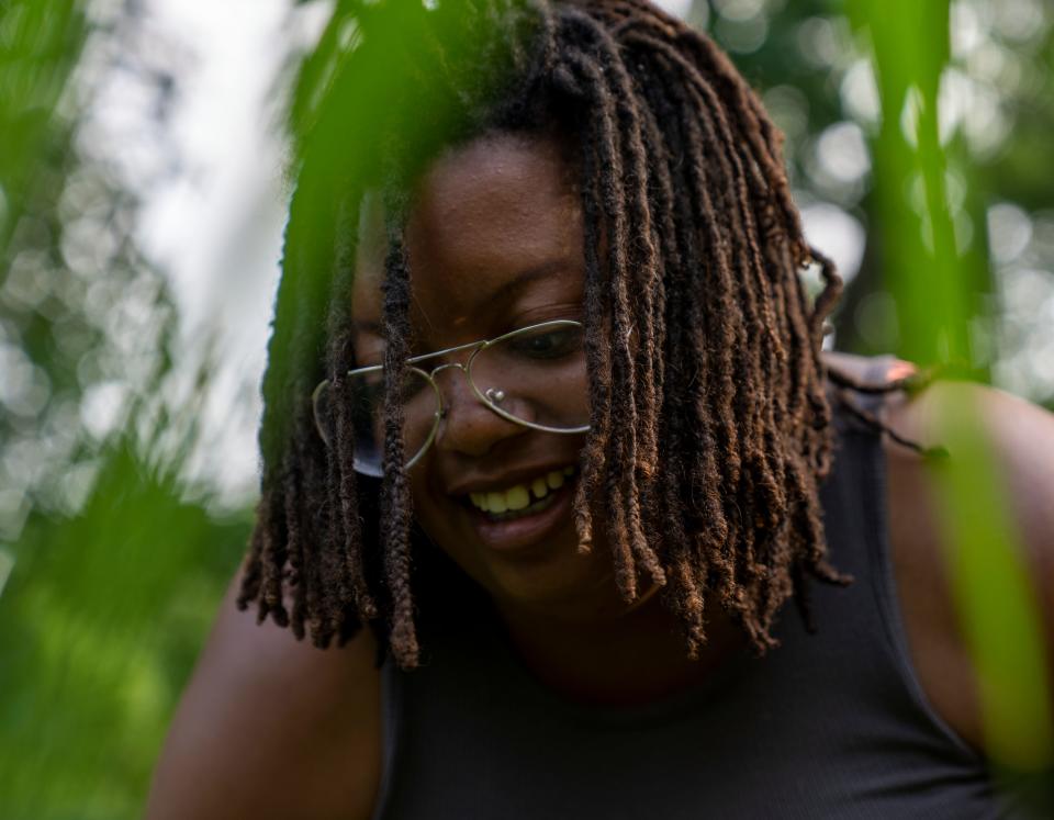 Danielle Guerin works at one of her three Soul Food Project Indy farms on the northeast side of Indianapolis, Wednesday, July 6, 2022. Guerin uses the farms to not only bolster fresh food availability for the neighborhood, but also to teach local young people about farming.