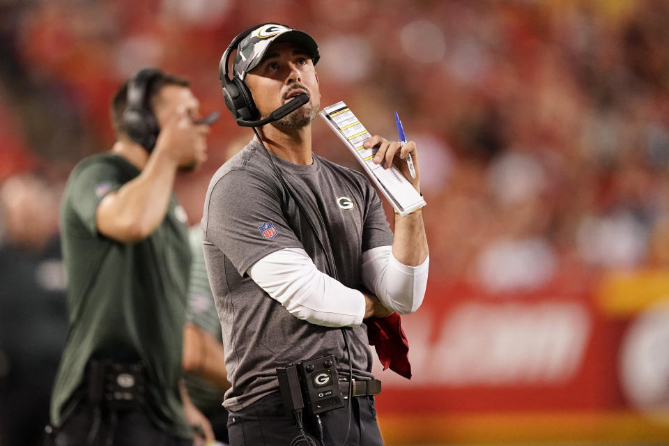 Green Bay Packers head coach Matt LaFleur watches from the sidelines during the first half of an NFL preseason football game against the Kansas City Chiefs Thursday, Aug. 25, 2022, in Kansas City, Mo. (AP Photo/Charlie Riedel)
