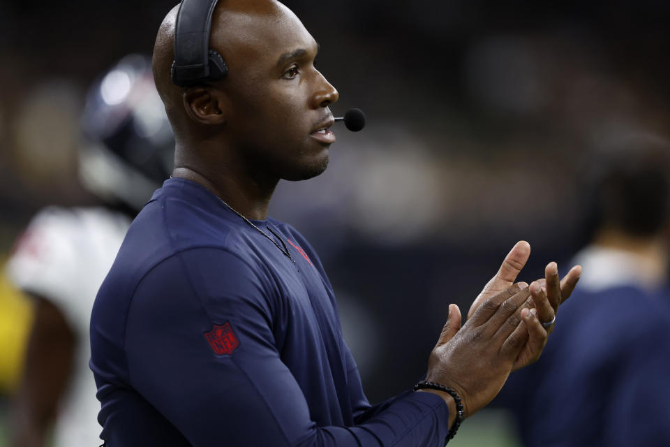 Houston Texans head coach DeMeco Ryans reacts after a Texans' touchdown in the first half of a preseason NFL football game against the New Orleans Saints, Sunday, Aug. 27, 2023, in New Orleans. (AP Photo/Butch Dill)