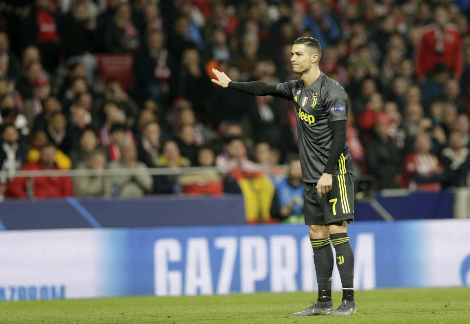 Juventus forward Cristiano Ronaldo reacts during the Champions League round of 16 first leg soccer match between Atletico Madrid and Juventus at Wanda Metropolitano stadium in Madrid, Wednesday, Feb. 20, 2019. (AP Photo/Andrea Comas)