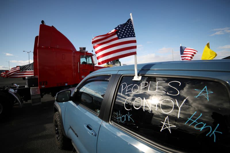 Truckers and their supporters form a convoy bound for the nation's capital from California