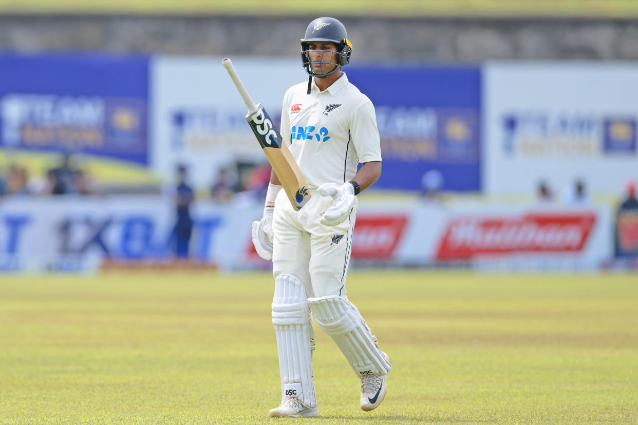 New Zealand's Rachin Ravindra reacts as he leaves the field after losing his wicket to Sri Lanka's Prabath Jayasuriya on the fifth and final day of the first cricket test match between New Zealand and Sri Lanka in Galle, Sri Lanka, Monday, Sept. 23, 2024. (AP Photo/Viraj Kothalawala)