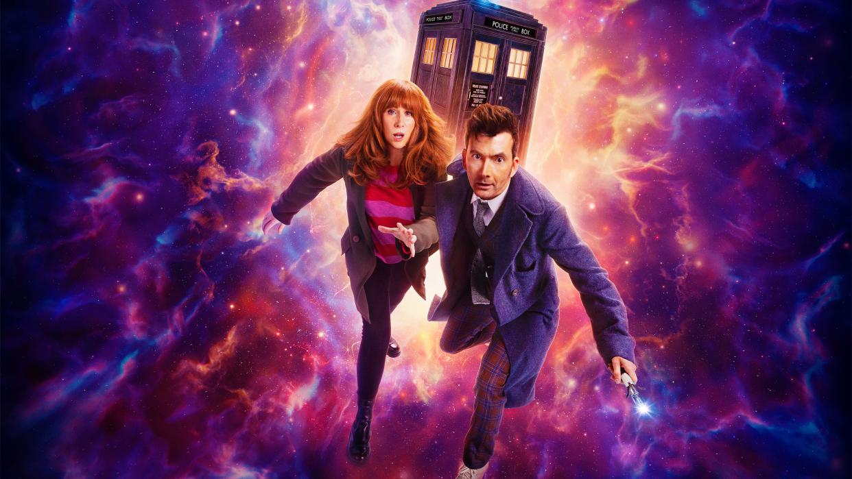  The Doctor and Donna in front of the TARDIS set against a nebula background for the Doctor Who 60th anniversary specials. 