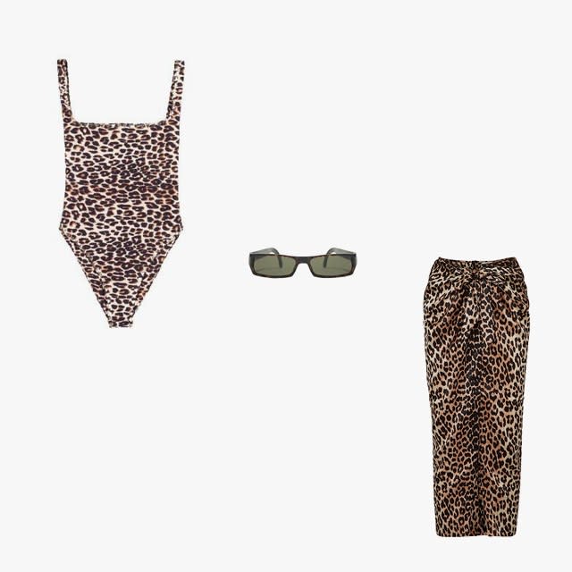 Gucci sunglasses, $135, kennedynewyork.com; Ganni calla wrap-effect leopard-print skirt, $270, net-a-porter.com; Same Los Angeles goddess one-piece swimsuit in cheetah, $340, samelosangeles.com