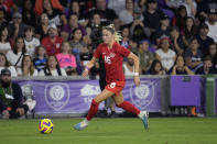 Canada forward Janine Beckie (16) controls the ball during the first half of a SheBelieves Cup women's soccer match against the United States, Thursday, Feb. 16, 2023, in Orlando, Fla. (AP Photo/Phelan M. Ebenhack)