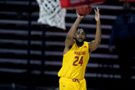 Maryland forward Donta Scott (24) shoots against Michigan State during the second half of an NCAA college basketball game, Sunday, Feb. 28, 2021, in College Park, Md. Maryland won 73-55. (AP Photo/Julio Cortez)