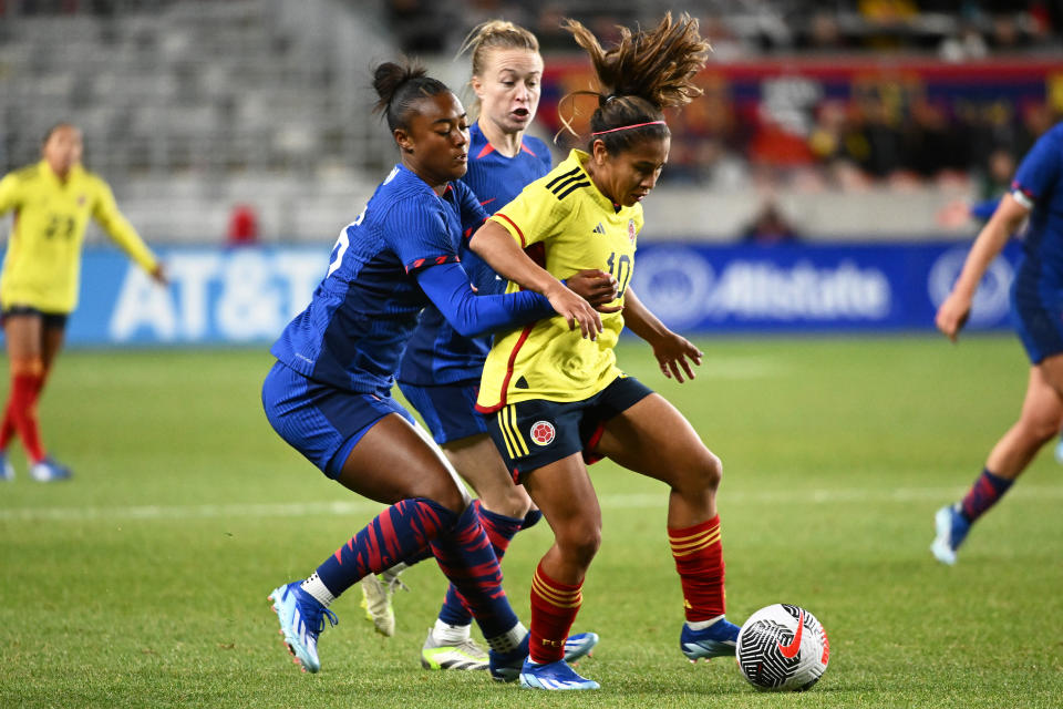 SANDY, UTAH - OCTOBER 26: Leicy Santos #10 of Colombia is marked by Jaedyn Shaw #26 of the United States during the second half of an international friendly match at America First Field on October 26, 2023 in Sandy, Utah. (Photo by Alex Goodlett/USSF/Getty Images for USSF)