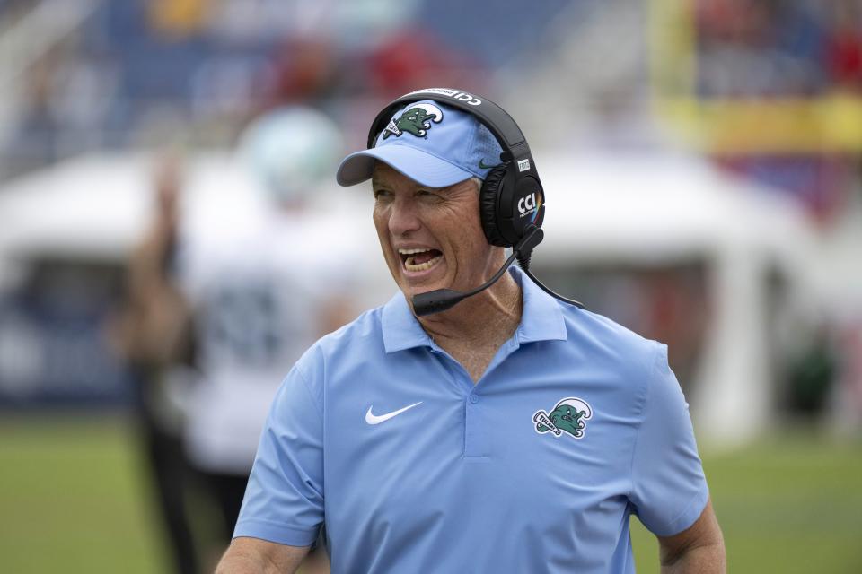 Tulane head coach Willie Fritz reacts on the sidelines during the first half an NCAA football game against Florida Atlantic on Saturday, Nov. 18, 2023 in Boca Raton, Fla. | Doug Murray, AP