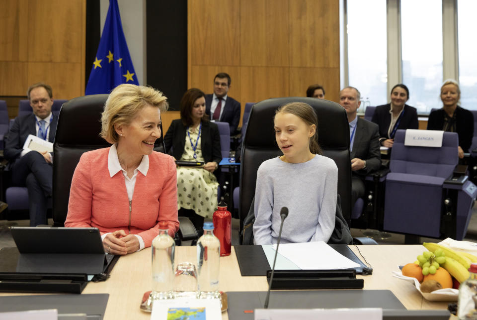 Swedish climate activist Greta Thunberg, right, and European Commission President Ursula von der Leyen attend the weekly College of Commissioners meeting at EU headquarters in Brussels, Wednesday, March 4, 2020. European Commission President Ursula von der Leyen, who has put climate change at the top of her priorities and pledged to make Europe the first climate neutral continent by 2050, will present her plans on Wednesday. (AP Photo/Virginia Mayo)