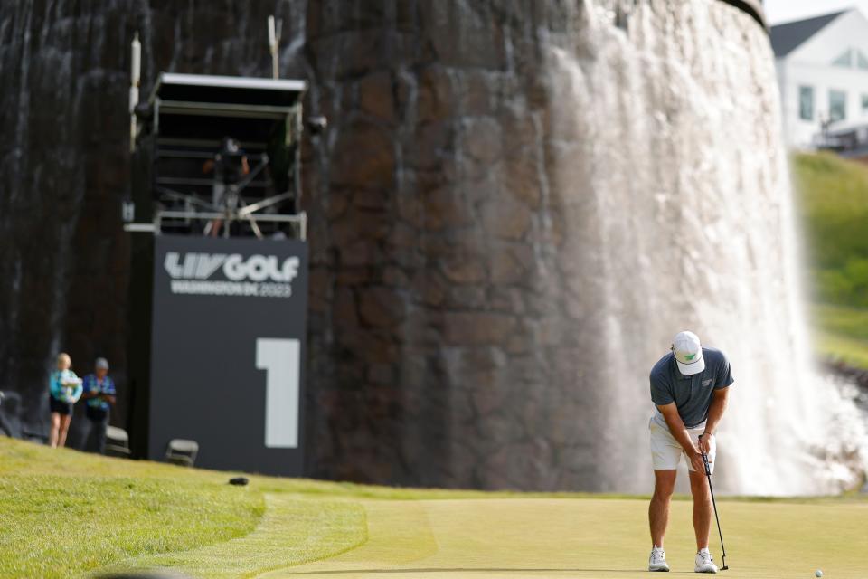 Mito Pereira putts on the first hole at the LIV Golf DC tournament on May 28.