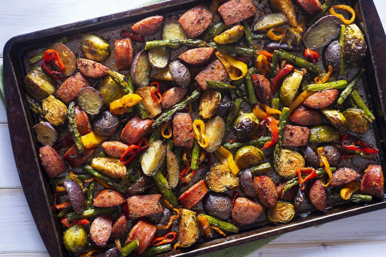 Sausage Sheet Pan Dinner with Asparagus, Potatoes, Brussels Sprouts and Sweet Mini Peppers