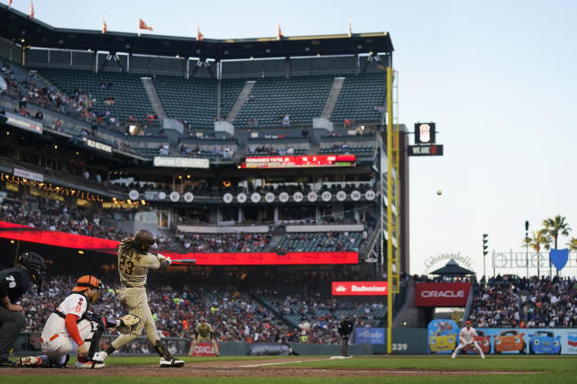 June 11, 2019: San Diego Padres shortstop Fernando Tatis Jr. (23)  celebrates scoring, during a MLB game between the San Diego Padres and the  San Francisco Giants at Oracle Park in San