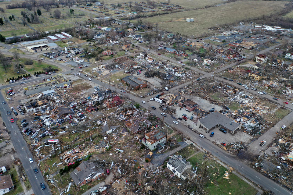 An aerial view of homes and business destroyed by a tornado